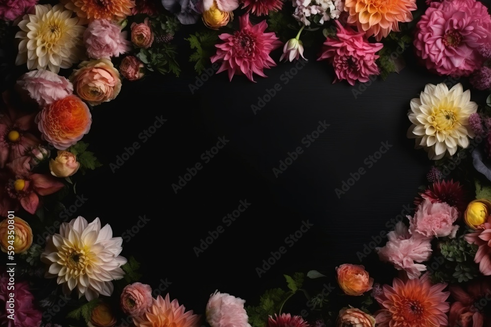  a black background with a bunch of flowers in the middle of the frame and a black background with a