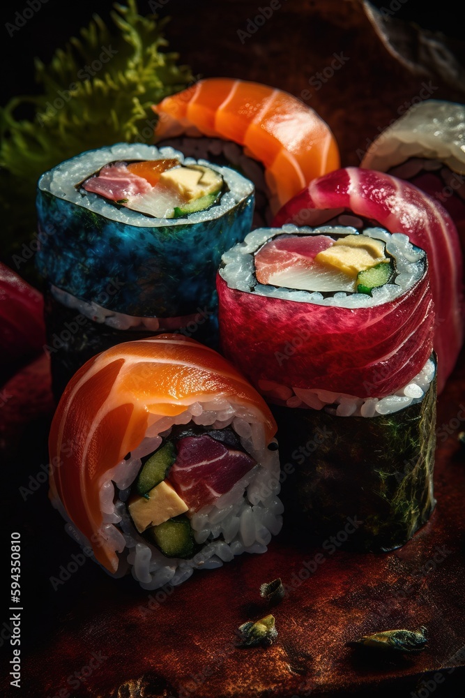  a close up of sushi rolls on a wooden table with sushi and other food items around it on a dark sur