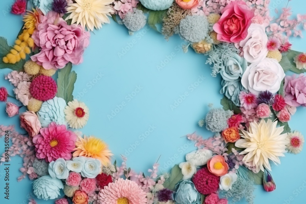  a blue background with a bunch of flowers on it and a circle of flowers in the middle of the frame 