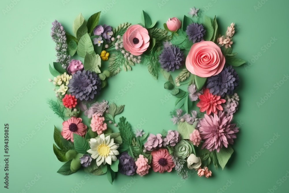  a letter made out of flowers on a green background with leaves and flowers around it, the letter e 