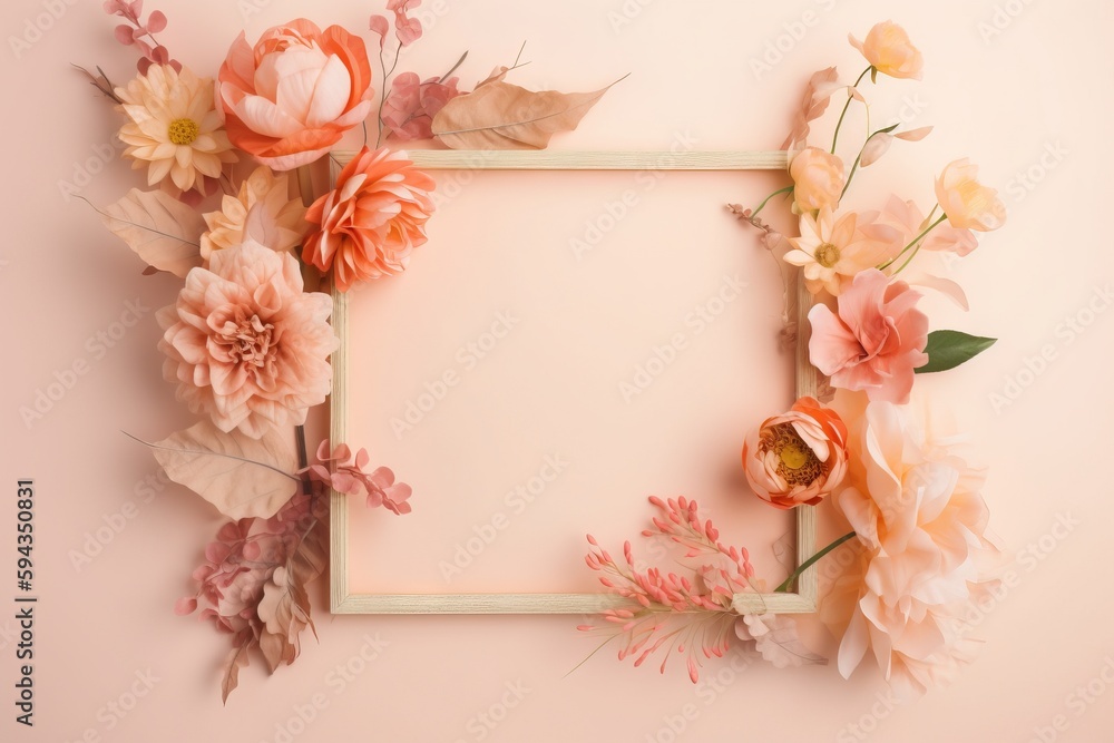  a picture frame with flowers and leaves on a light pink background with a place for a text or a pic