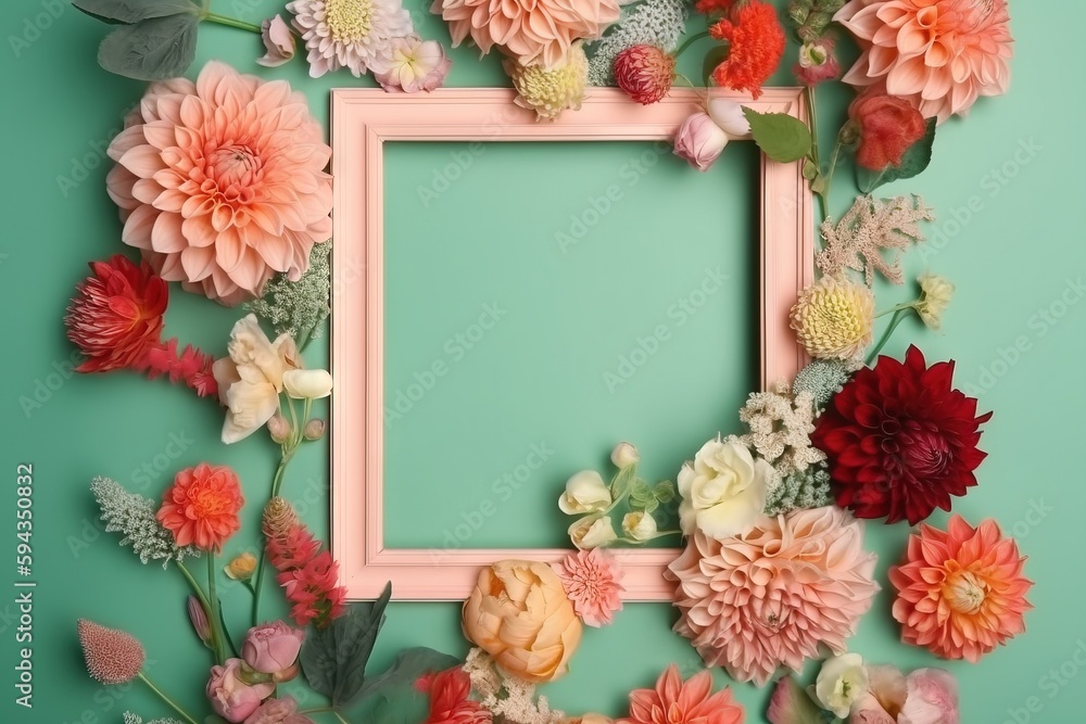  a square frame with flowers on a green background with a pink border around it and a pink border ar