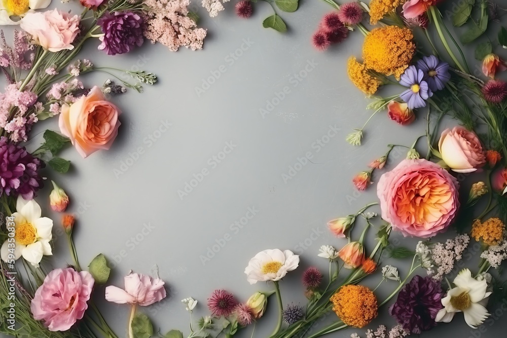  a bunch of flowers arranged in a circle on a gray background with a place for a name on the bottom 