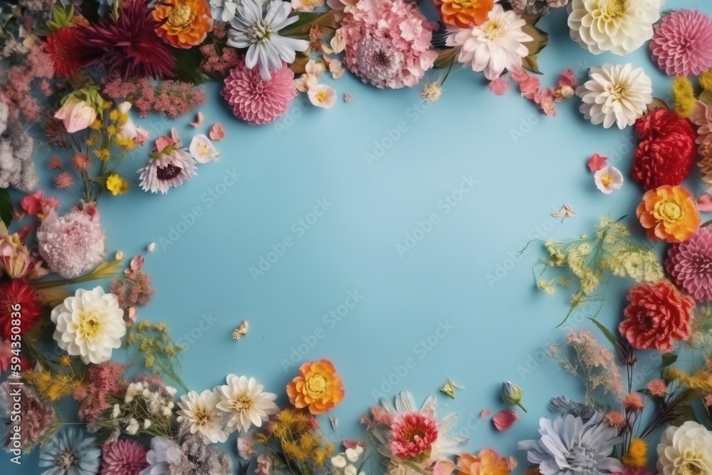  a bunch of flowers that are on a blue background with a place for a text or a picture to put on a c