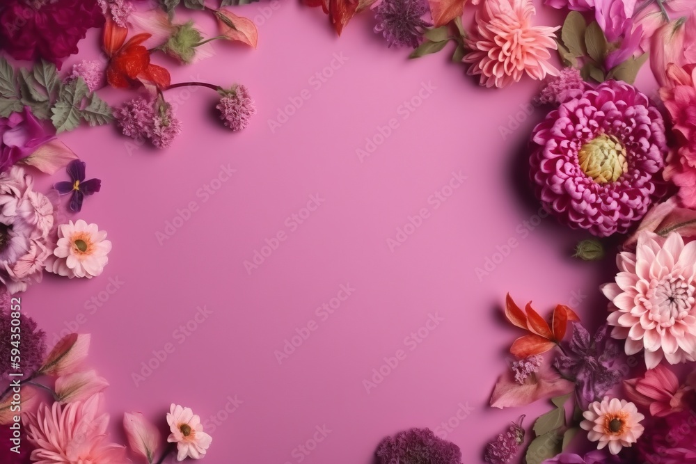  a pink background with a bunch of flowers on top of the bottom of the image is a purple circle with