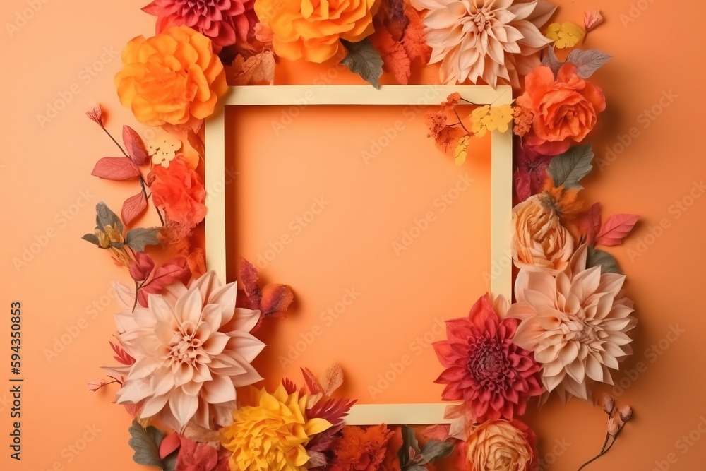  a picture frame with flowers on an orange background with a place for the text in the middle of the