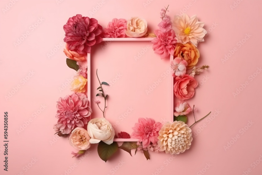  a pink frame with flowers on a pink background with a place for a text or a picture or a flower arr