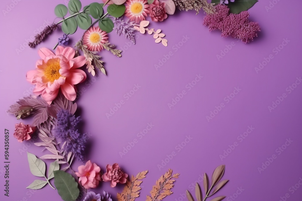  a purple background with a bunch of flowers on top of it and leaves on the bottom of the frame, wit