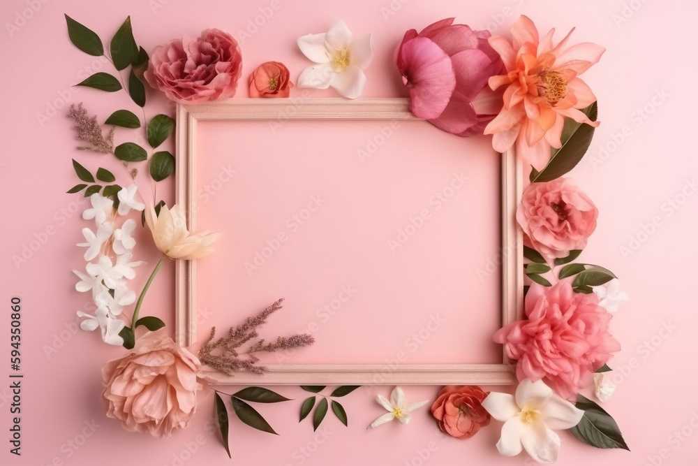  a pink square frame with flowers on a pink background with a place for a text or an image with a pl