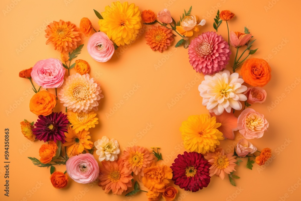  a bunch of flowers arranged in the shape of a circle on a yellow background with a place for the te