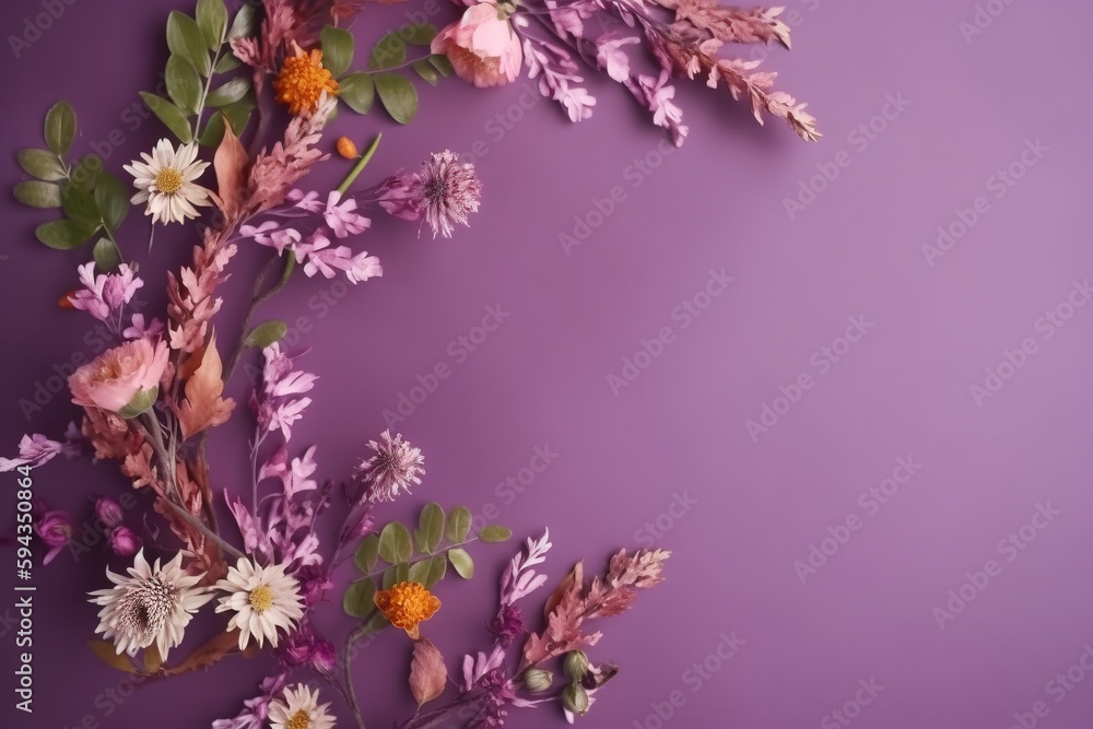  a bunch of flowers on a purple background with a place for a text or a picture to put on a card or 