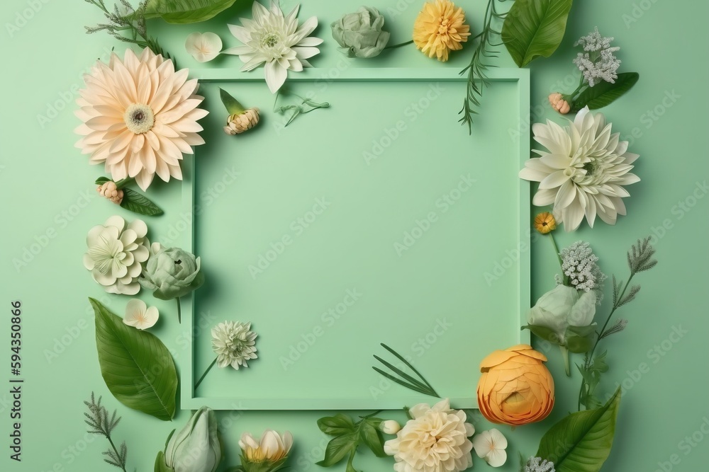  a square frame with flowers and leaves on a mint green background with a place for a text or a pict