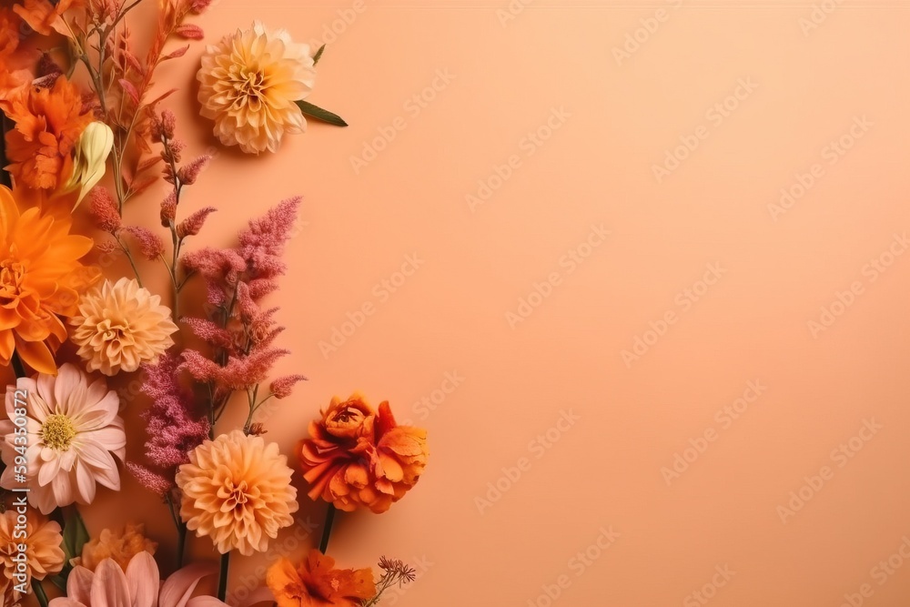  a bunch of flowers on a pink background with a place for a text or a picture to put on a card or br