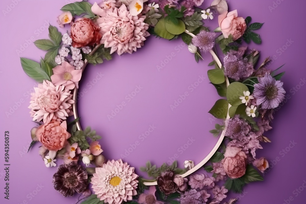  a wreath of flowers on a purple background with a place for the text or a picture to be placed on t