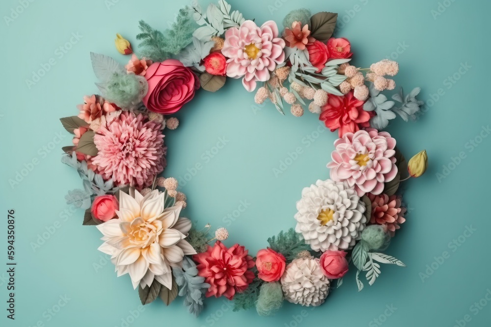  a wreath made out of paper flowers on a blue background with leaves and flowers around it on a ligh