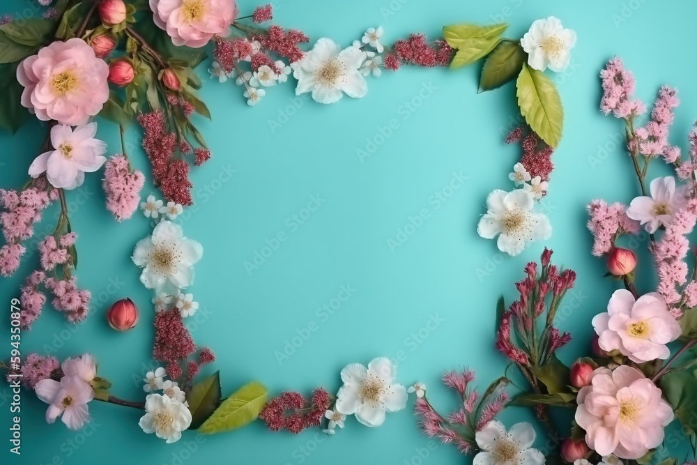  a blue background with pink and white flowers and leaves in the center of the frame, with a green b