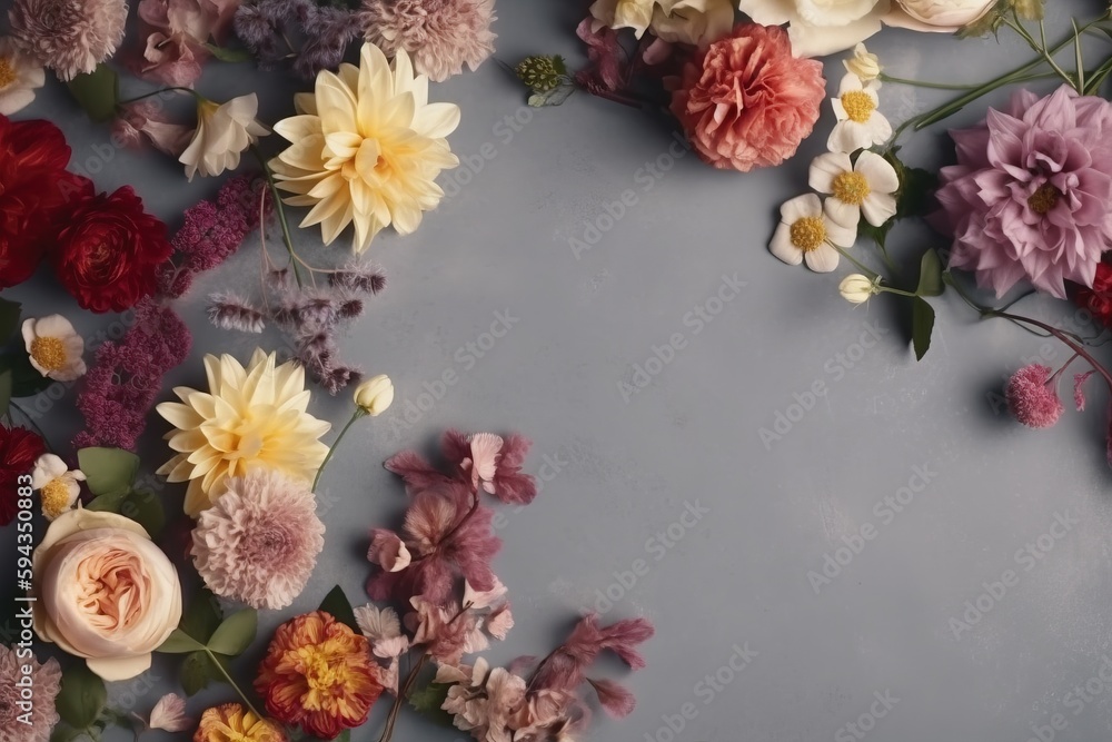  a bunch of flowers that are laying on a table together on a gray surface with a white border around