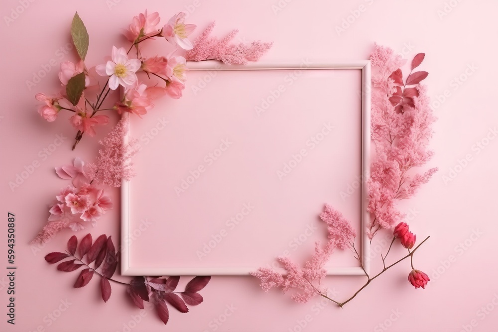  a pink background with flowers and a white frame on top of the pink background is a place for a tex