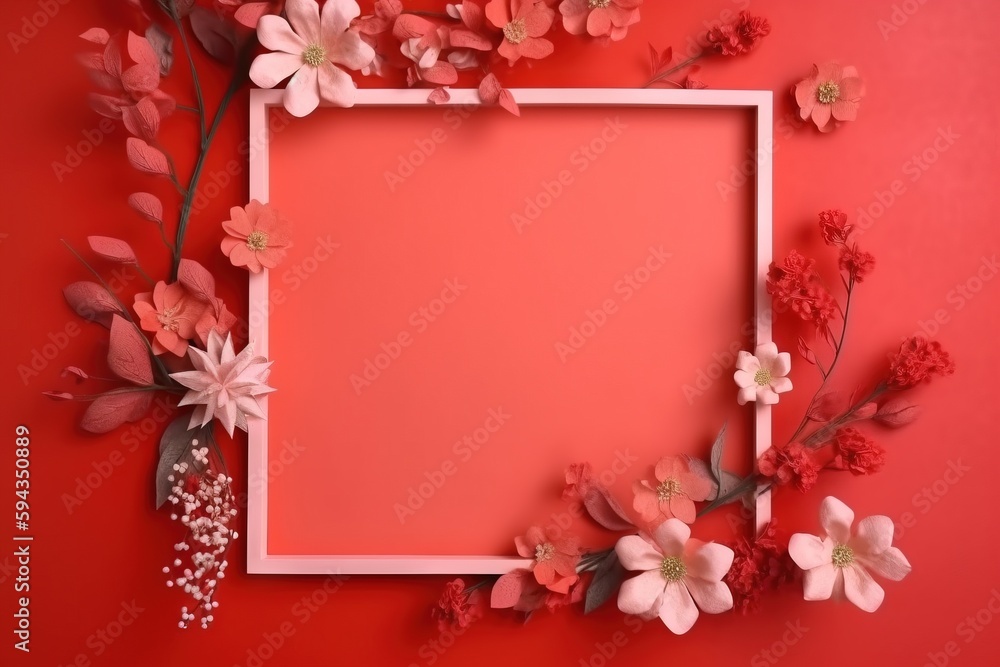  a square frame surrounded by flowers on a red background with a place for a text or a picture or an