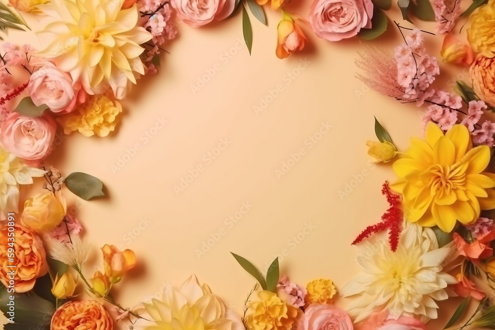  a bunch of flowers are arranged in a circle on a beige background with a place for a text or an ima