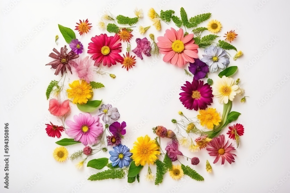  a circle of flowers arranged on a white surface with green leaves and flowers in the middle of the 