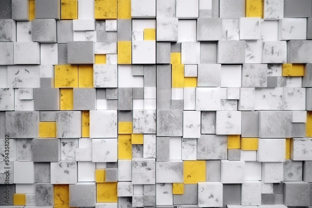  a wall made up of squares and squares with yellow and grey squares on them, all in different sizes 