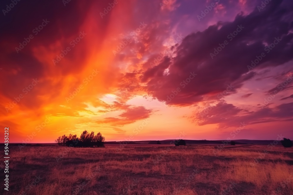  a sunset over a field with a lone tree in the foreground and clouds in the distance with a purple a