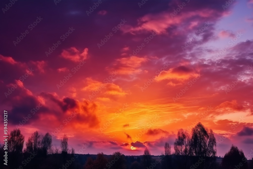  the sun is setting over the trees in the distance with clouds in the sky and trees in the foregroun