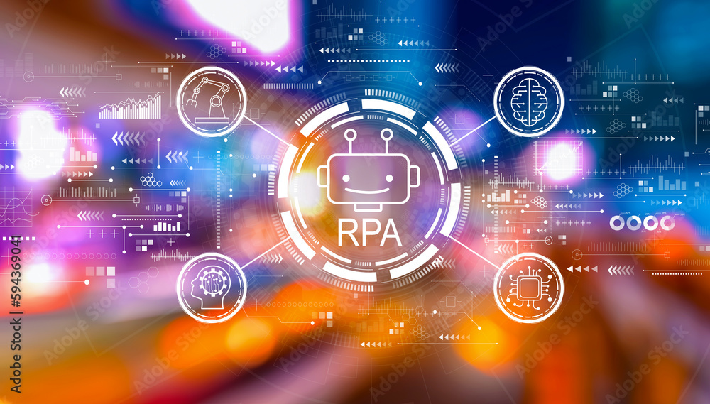 Robotic Process Automation RPA theme with urban city lights at night