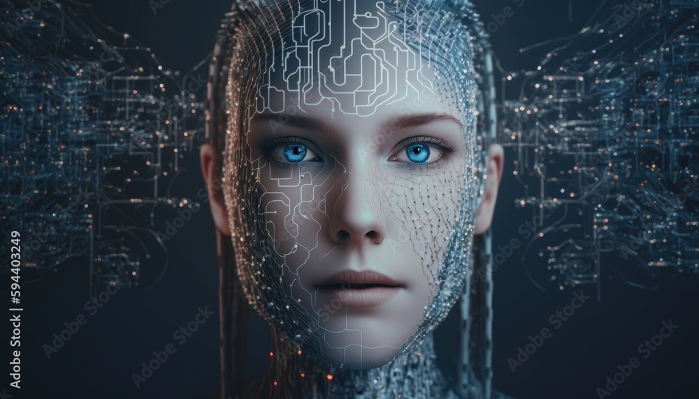 Artificial intelligence, a humanoid cyber girl with a neural network thinks. Artificial intelligence