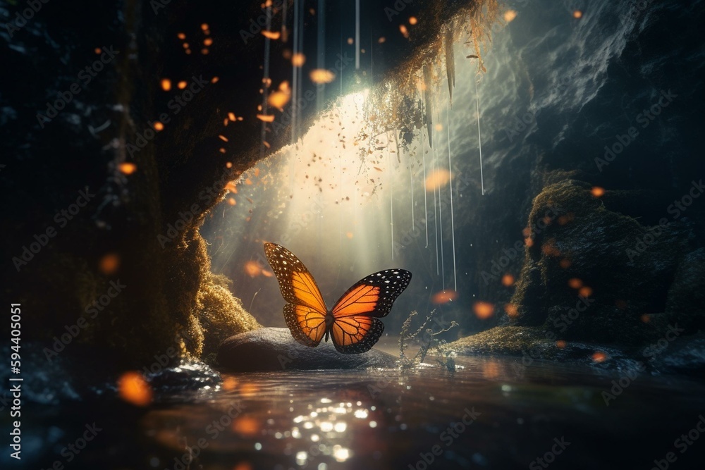 Discovering a World of Intricate Beauty: A Fairy Tale Butterfly and Insect Explore a Hidden Waterfal