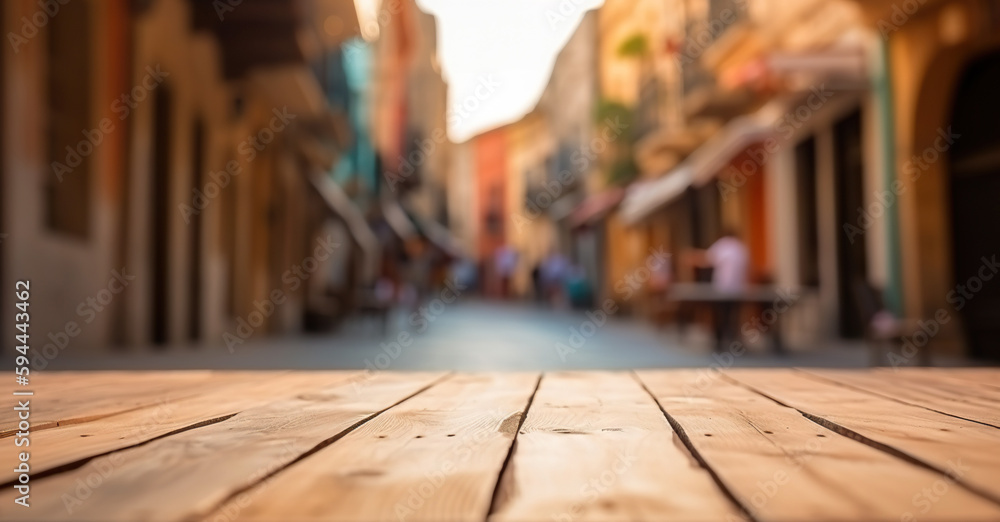 Wood table mockup with Medina city street in shallow depth of field. Copy space for product. Generat