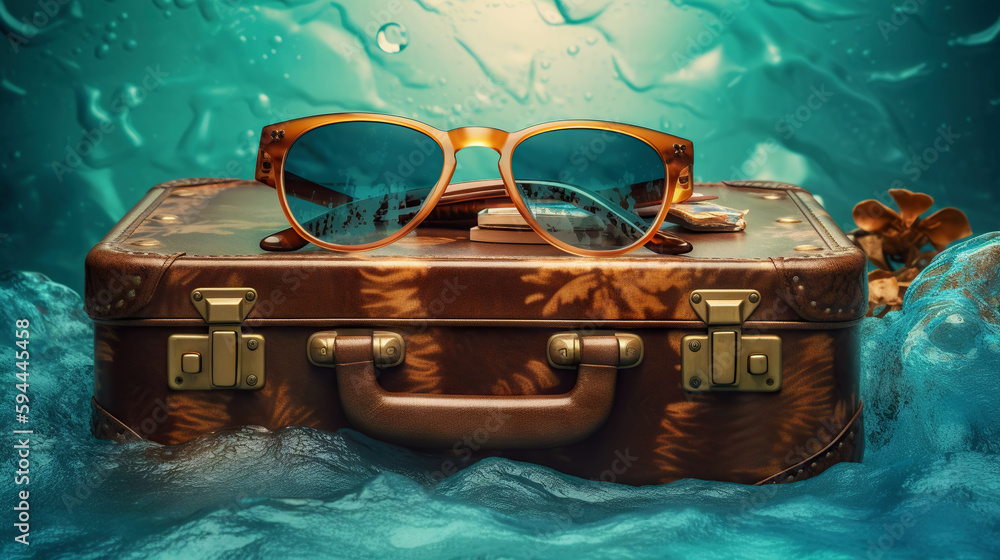 Suitcase with sunglasses with sea water background. Travel concept. Generative AI