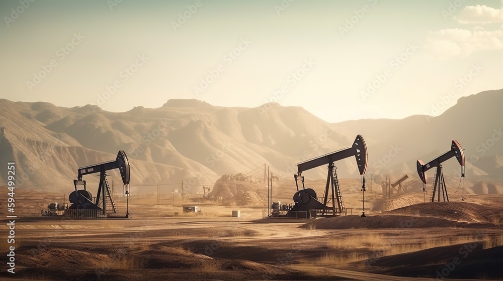 Working oil pumps in mountains. Natural resources industry. Oil rig. Generative AI