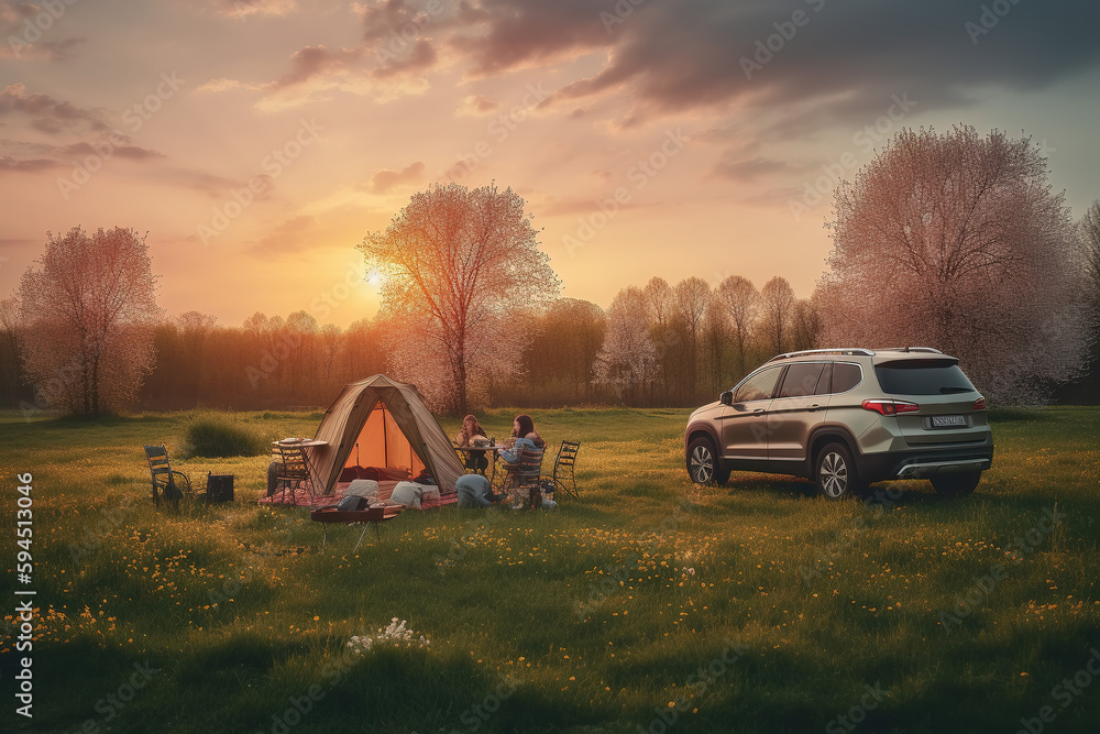 Adventure, tents and cars in the park forest. Outdoor landscape in the morning