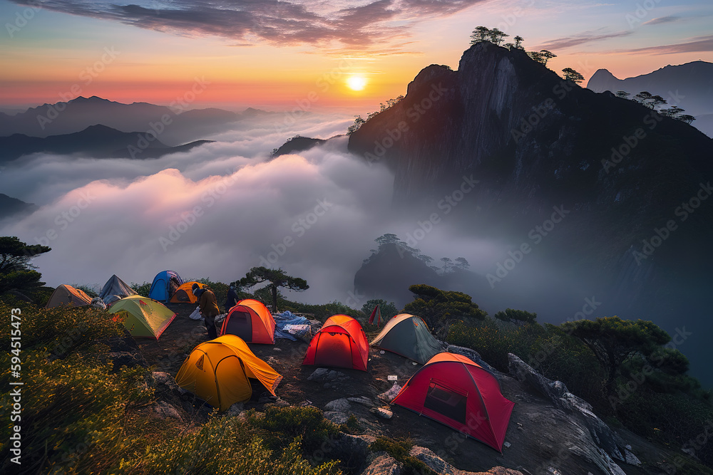 Travelers look beautiful when they are camping on sunset and mountain camping, adventure travel life