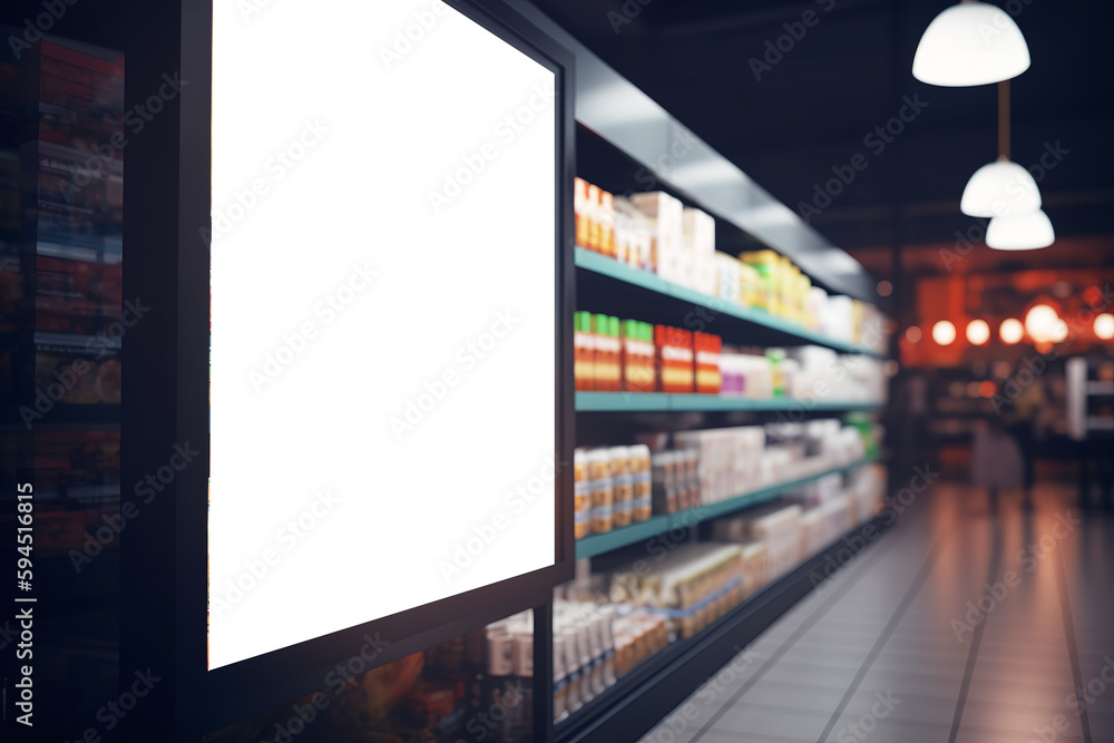 Blank white light box advertisement and supermarket blur background