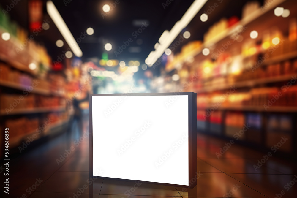 Blank white light box advertisement and supermarket blur background