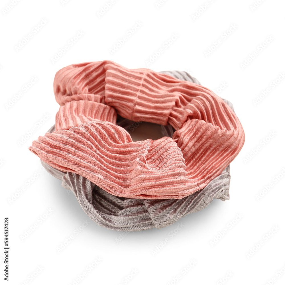 Two stylish scrunchies on white background