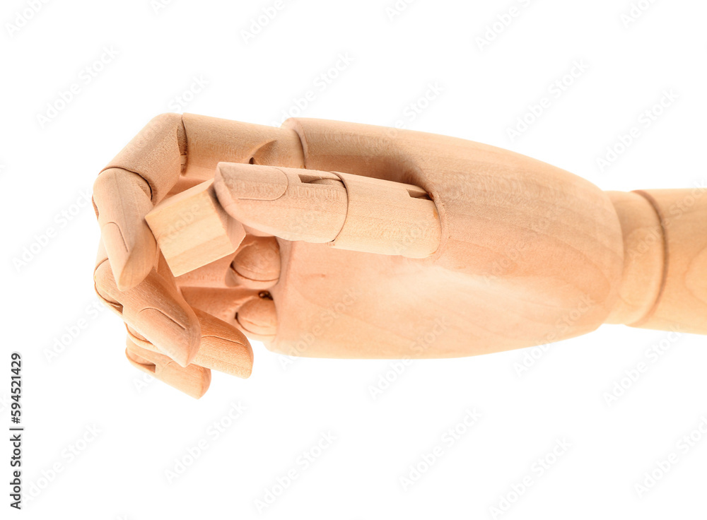 Wooden hand with cube isolated on white background