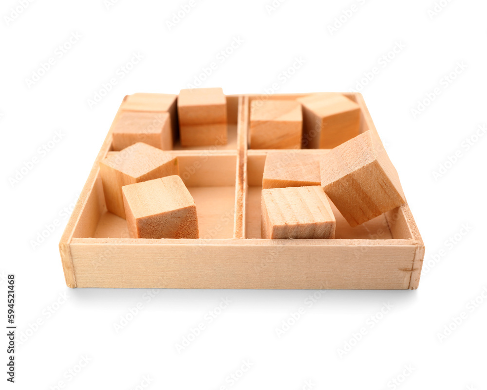 Wooden box with cubes isolated on white background