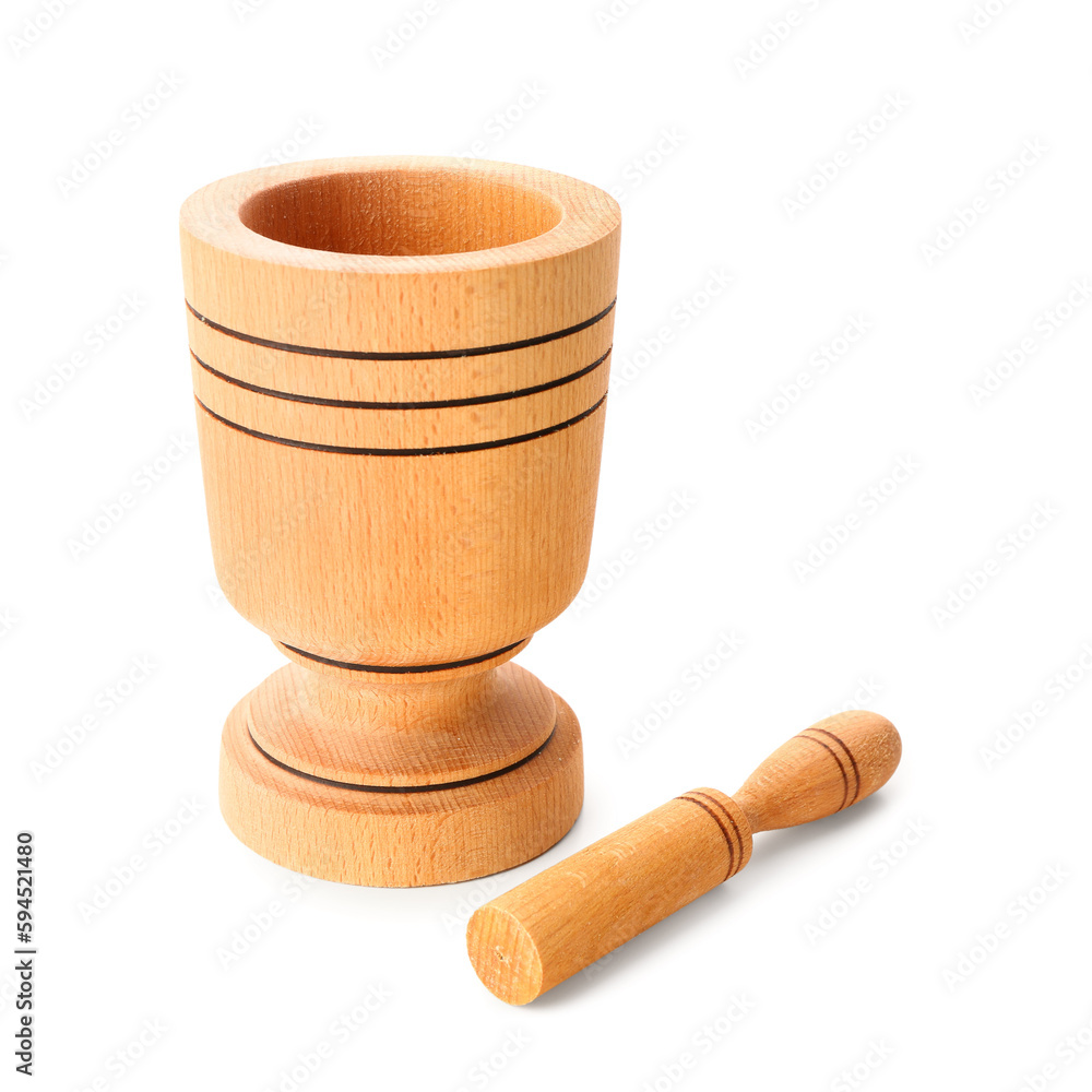 Wooden mortar with pestle isolated on white background