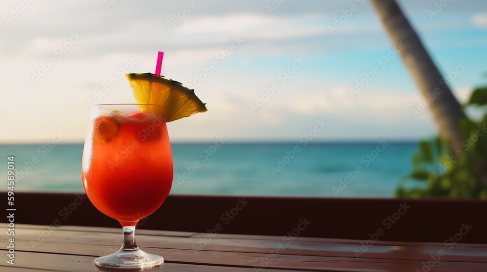 Bob Marley cocktail on background with blue sea and sky tropical background. Generative AI