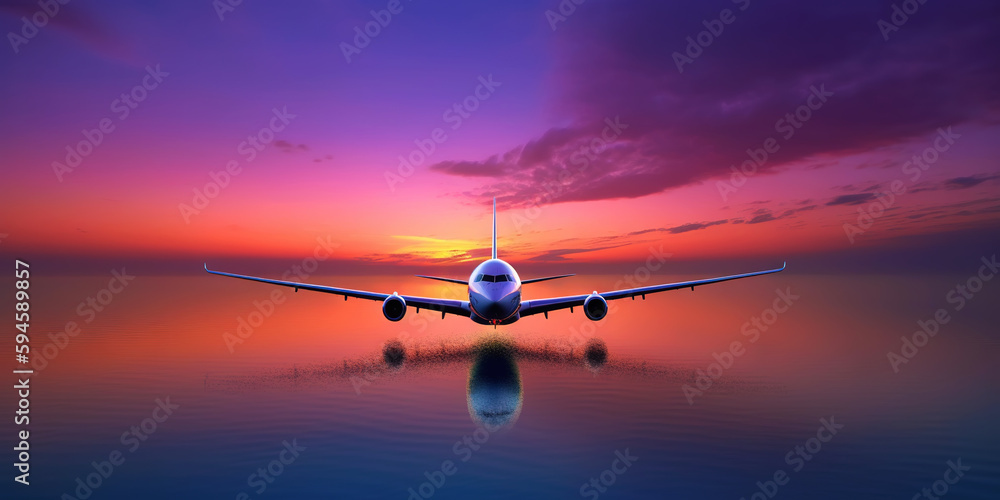 Passengers commercial airplane flying above sea surface on colorful paradise sunset. Airliner in fli