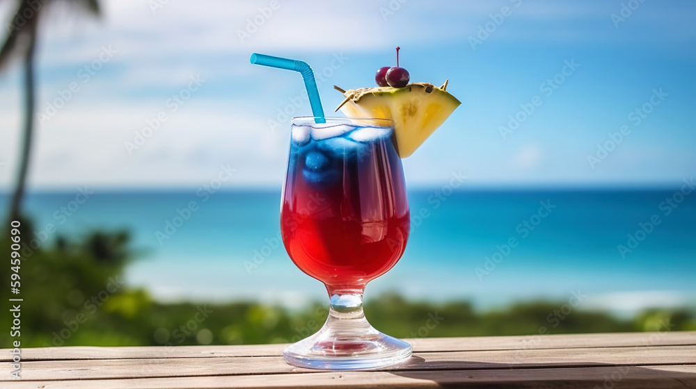 Captain America cocktail on background with blue sea and sky tropical background. Generative AI