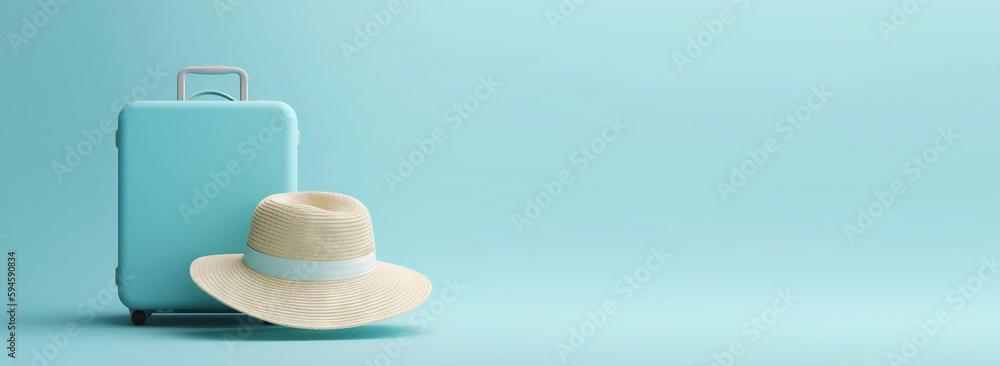 Blue travel suitcase with straw hat, on light blue background. Trip concept. Generative AI