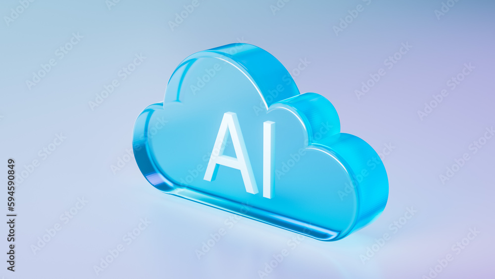 3D illustration: Concept of Artificial Intelligence Driven Cloud Computing. Clean and Minimalist Gla