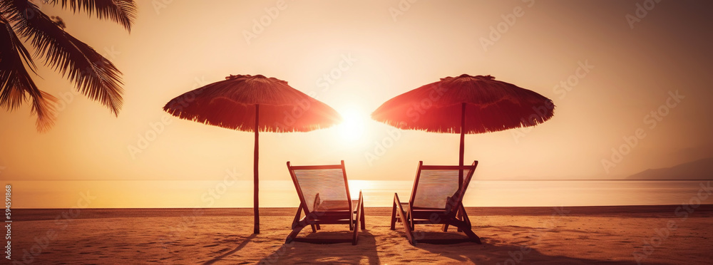 Two beach chair and umbrella on beautiful beach on sunset. Travel paradise concept. Generative AI