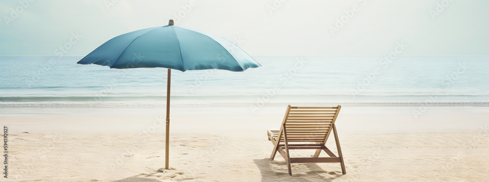 Beach chair and umbrella on beautiful beach. Travel paradise concept. Generative AI