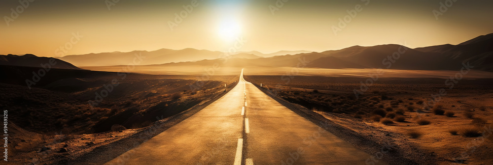 Road to horizon in desert landscape on sunset. Travel concept. Generative AI